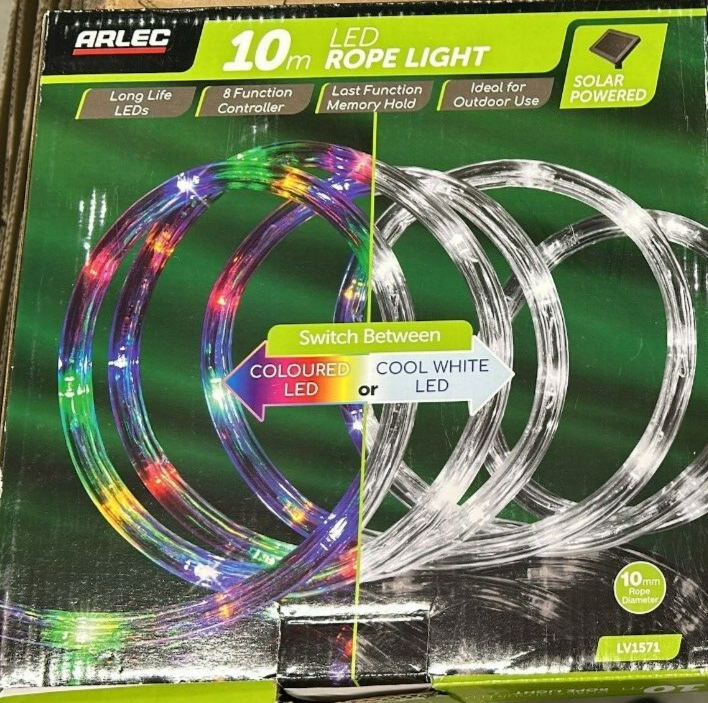 Arlec Auto Switch Rope Light Solar Outdoor Xmas Multicolour Cool White Led 10m
