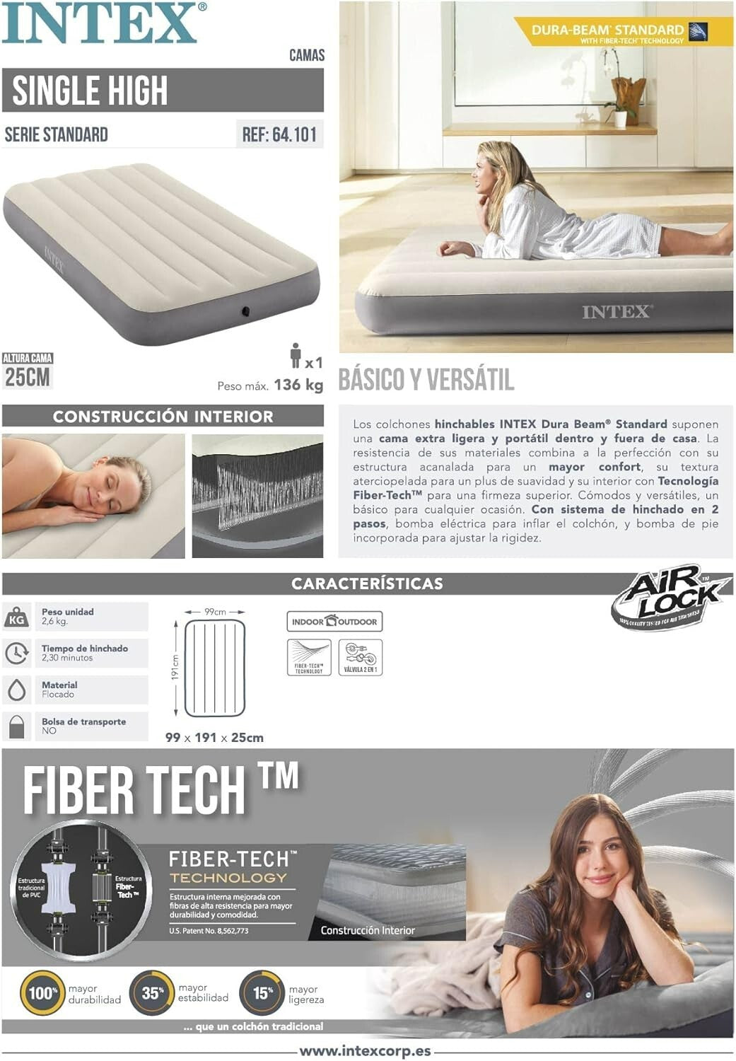Intex Inflatable Mattress Twin Dura-Beam Single High Airbed Travel Car Camping