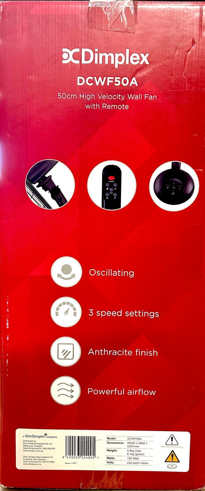 Dimplex 50cm Wall Mounted Fan with Remote Control 3 Speed Oscillating Black