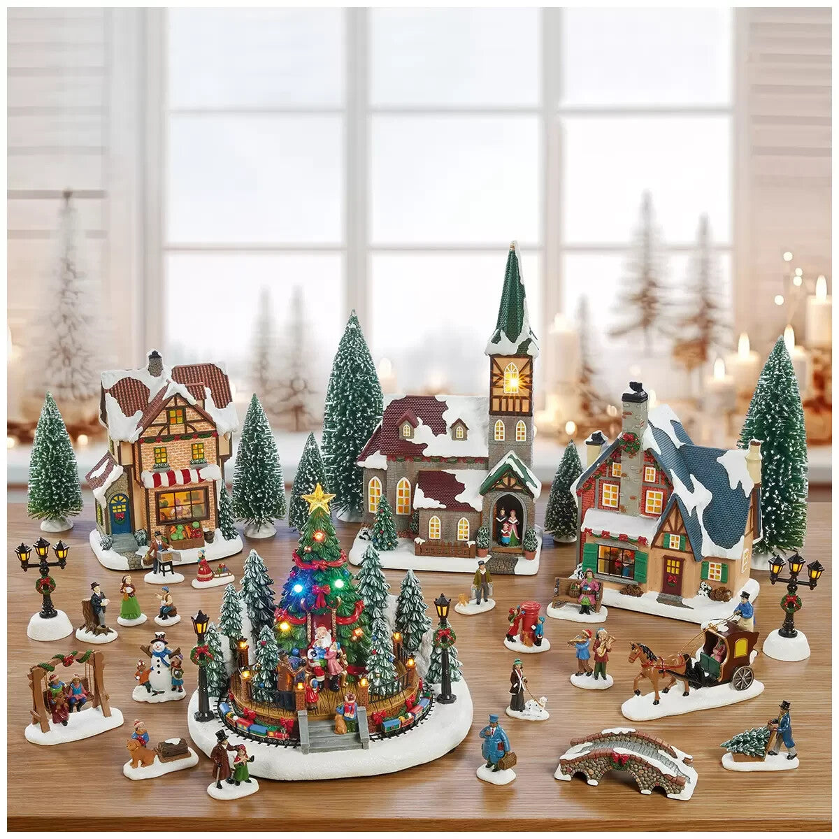 Christmas Village Figurines House with Lights and Music Decoration 30 Pieces