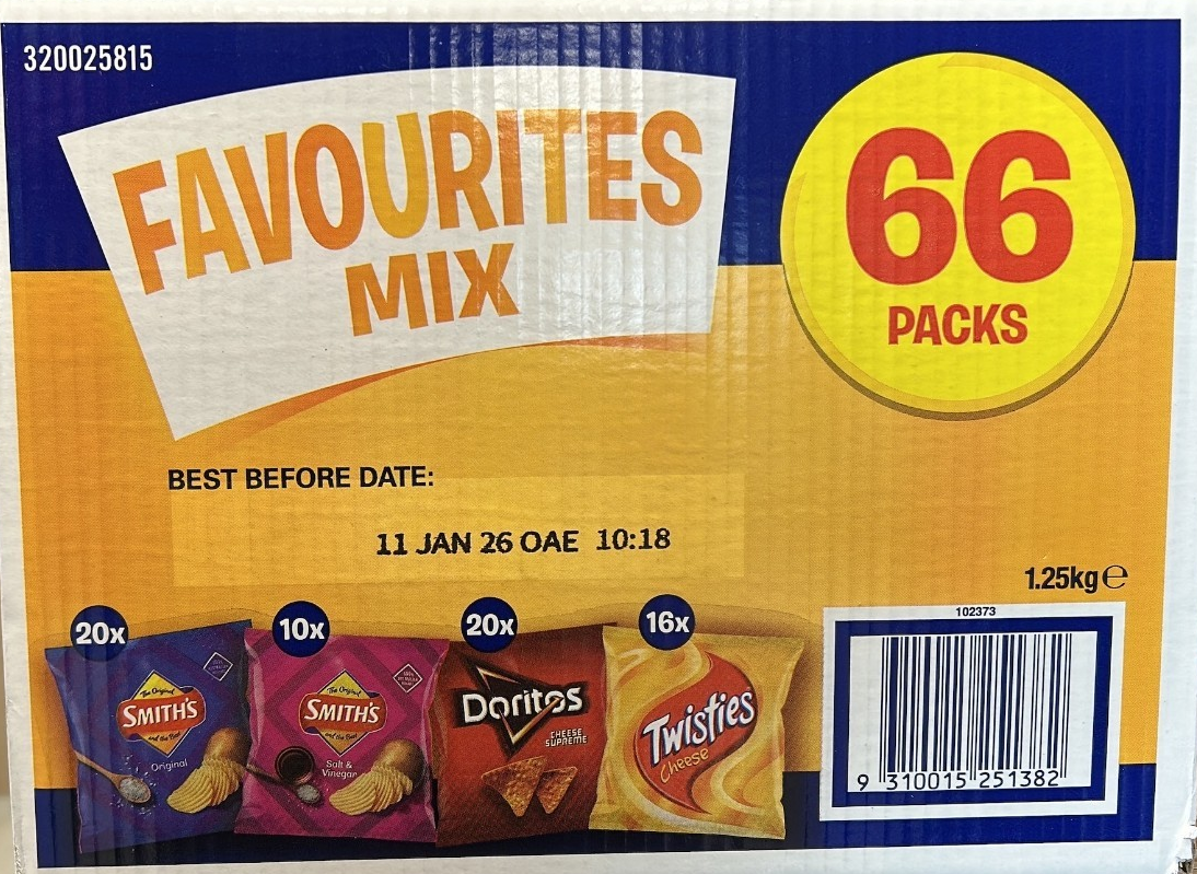 Smith's Chips Crinkle Cut Variety Box Twisties Doritos Party 66 Pack 1.25 Kg