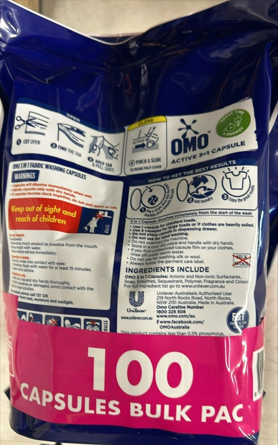 OMO Triple Active 3 In 1 Laundry Capsules Detergent Stain Remover 100 Bulk Pack