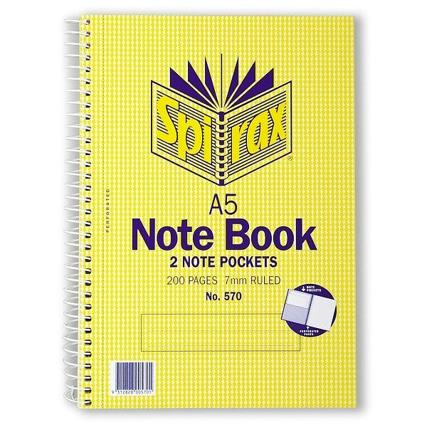 Spirax A5 Spiral Notebook with Note Pockets Office School Memo 200 Pages 5 Packs