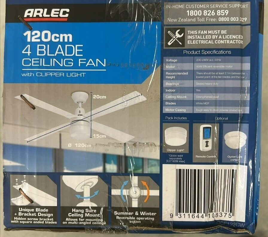 Arlec Ceiling Fan Clipper LED Light 4 Blade 120cm White 240V
