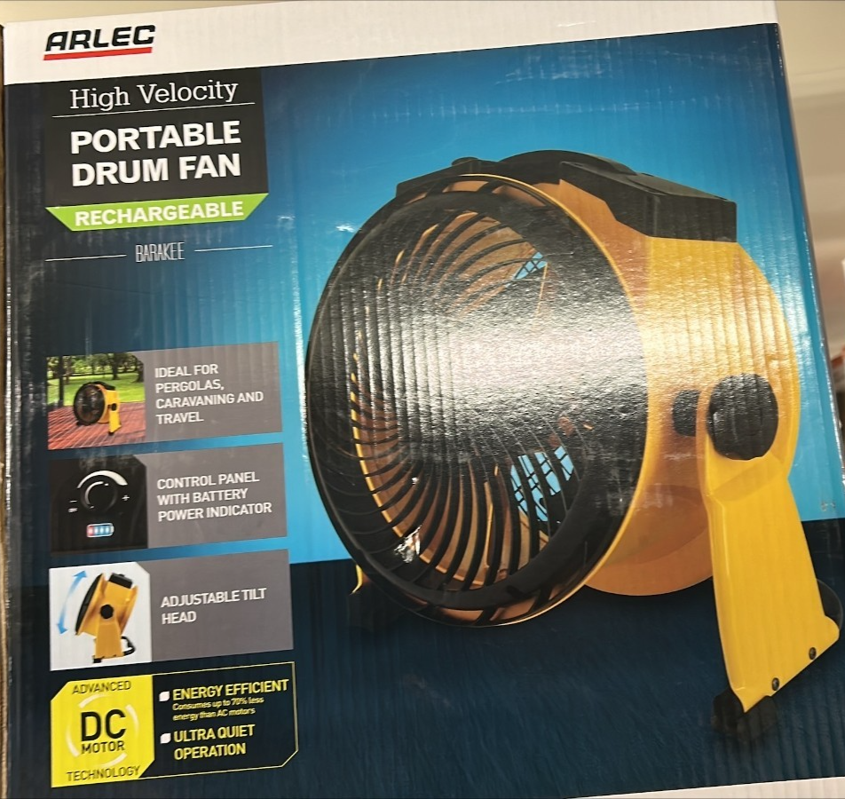 Arlec Drum Fan High Velocity Portable Rechargeable Adjustable Tilt Camping