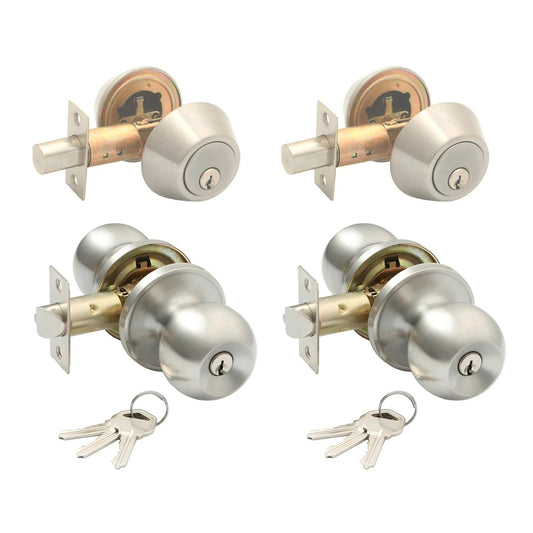 Ikonic Ruby Combination Entrance Door Knob Lock Handle Set Brushed Nickel 2 Pack