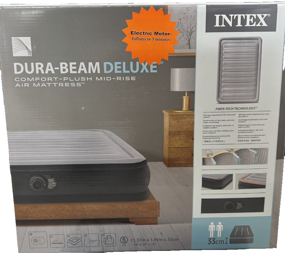 Intex Double Air Bed Deluxe Inflatable Camping Mattress Inbuilt Pump 33cm