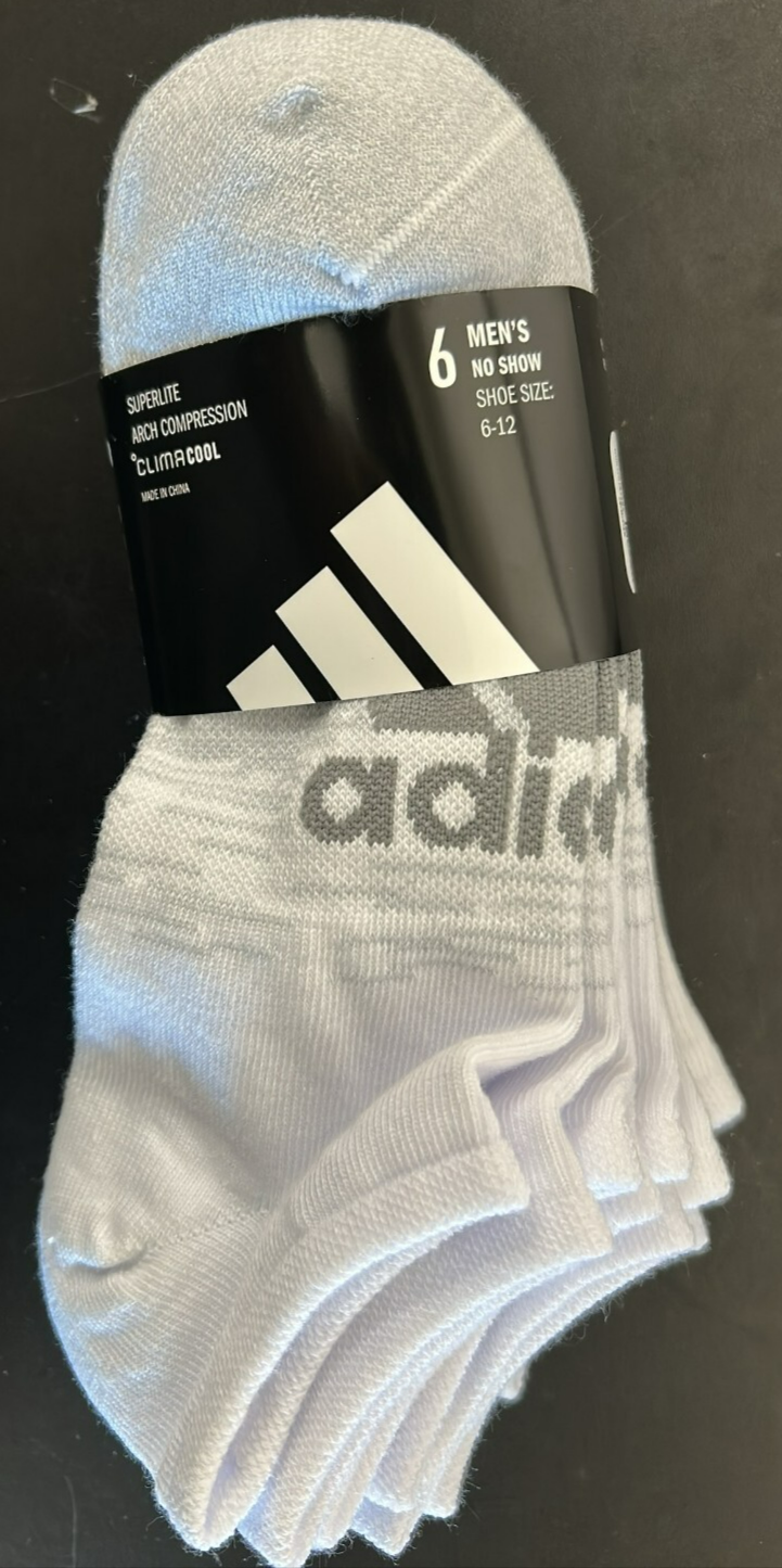 Adidas Men's No Show Socks Superlite Compression Size 6 - 12 White 6 Pairs