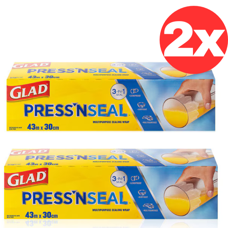 2x Glad Press 'N Seal Sealing Wrap Food Wrapping Cover Multipurpose 30CM x 43M