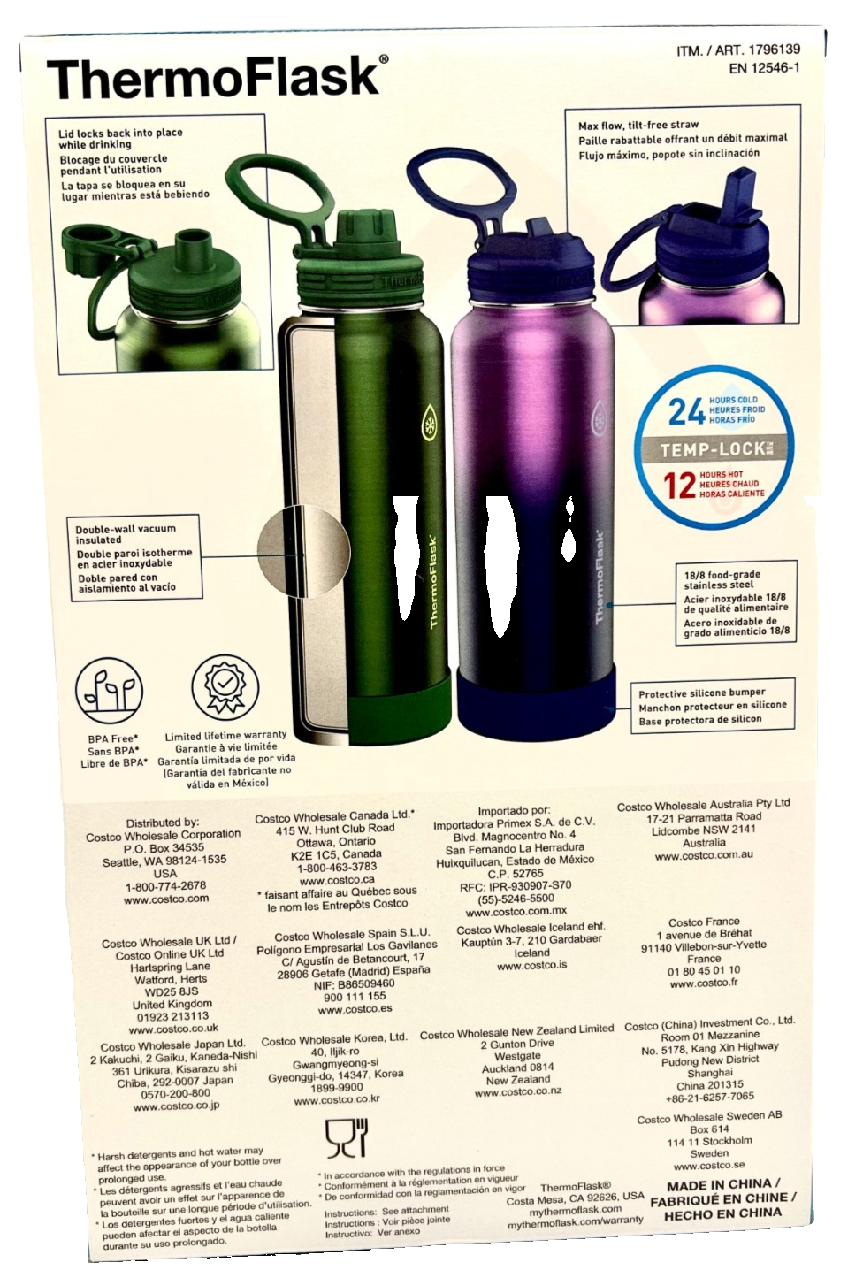 2x ThermoFlask Insulated Water Bottle Stainless Steel Double Wall Vacuum 1.2L