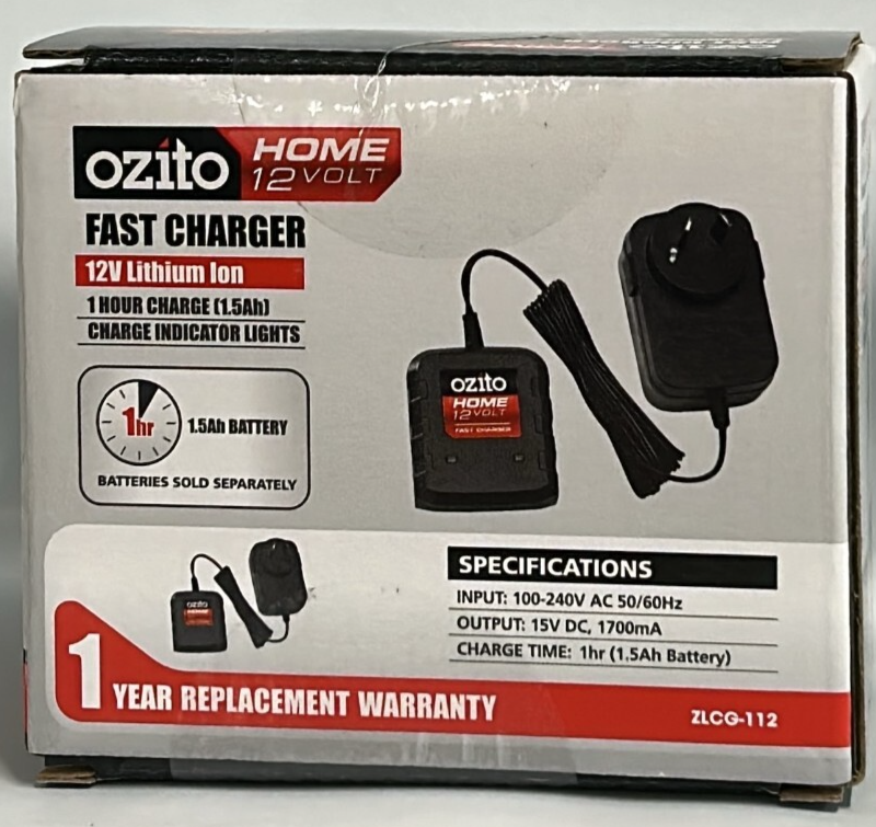 Ozito Home Battery Charger Fast Charging 12V Lithium Ion Range 1.5Ah Compact