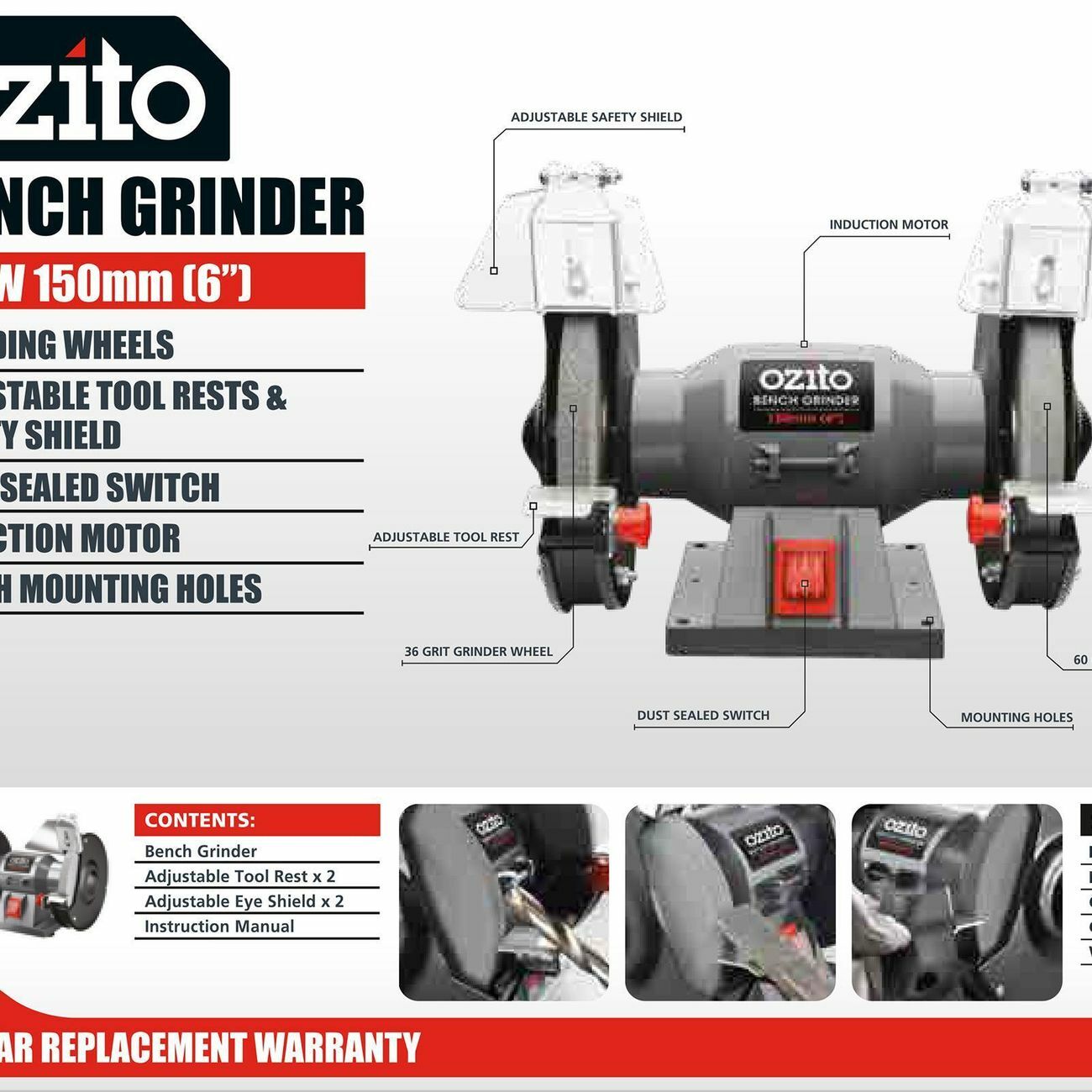Ozito Bench Grinder Electric Portable Workshop 150W 150mm Sharpening Power Tool