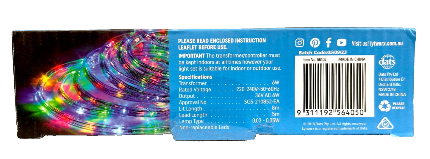 Lytworx Christmas Rope Light LED 8m Multicolour Connectable With Timer Decor