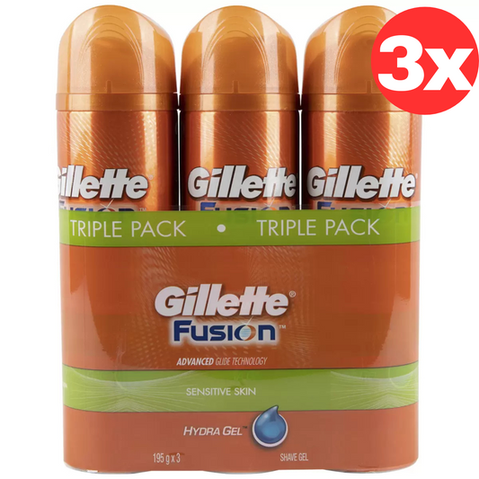 3 x Gillette Fusion Shaver Gel Hydra Sensitive Skin  Mens Shaving 195g
