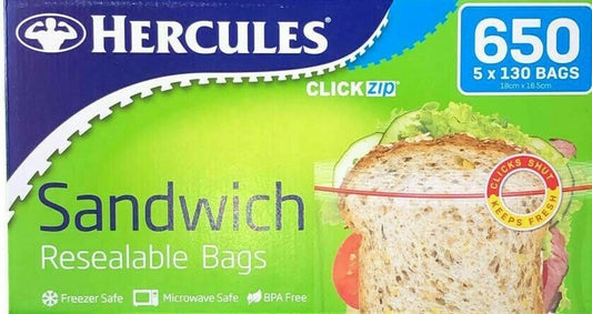 Hercules Resealable Sandwich Bags Click Zip Kitchen Food Storage Bag 650 Count
