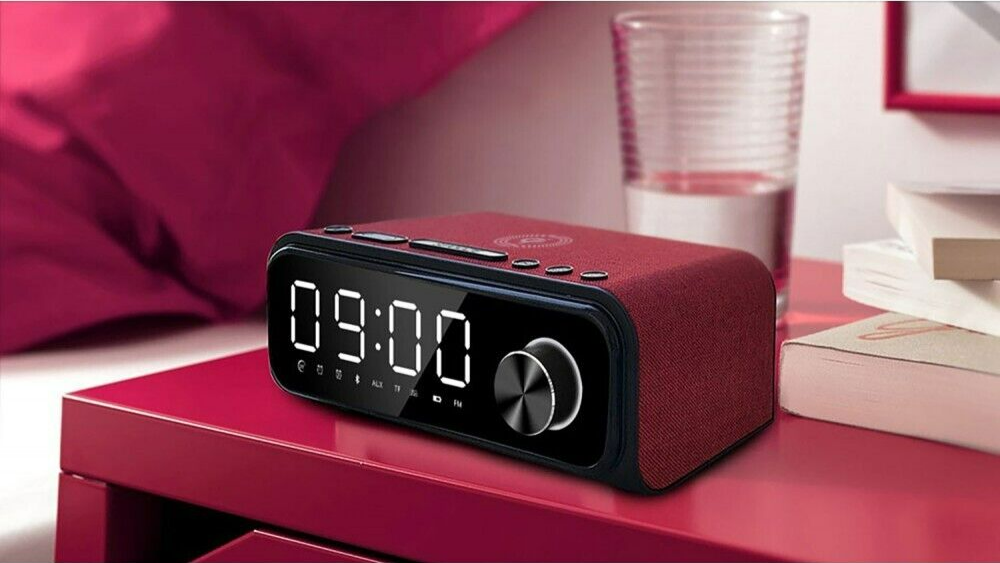 Laser Digital Alarm Clock FM Radio Wireless Charging w/ Bluetooth Speaker Red