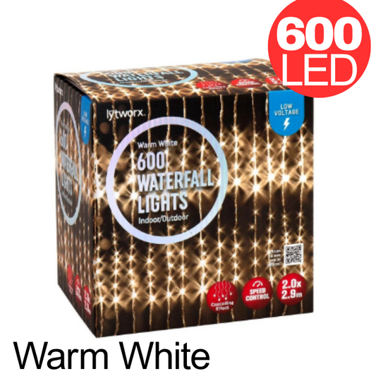Lytworx Christmas 600 LED Lights String Waterfall Decor Low Voltage Warm White