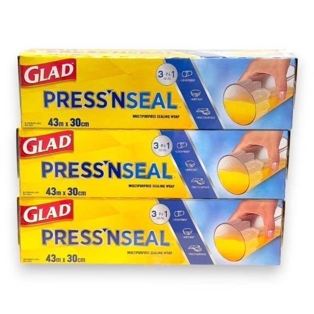3x Glad Press 'N Seal Sealing Wrap Food Wrapping Cover Multipurpose 30CM x 43M