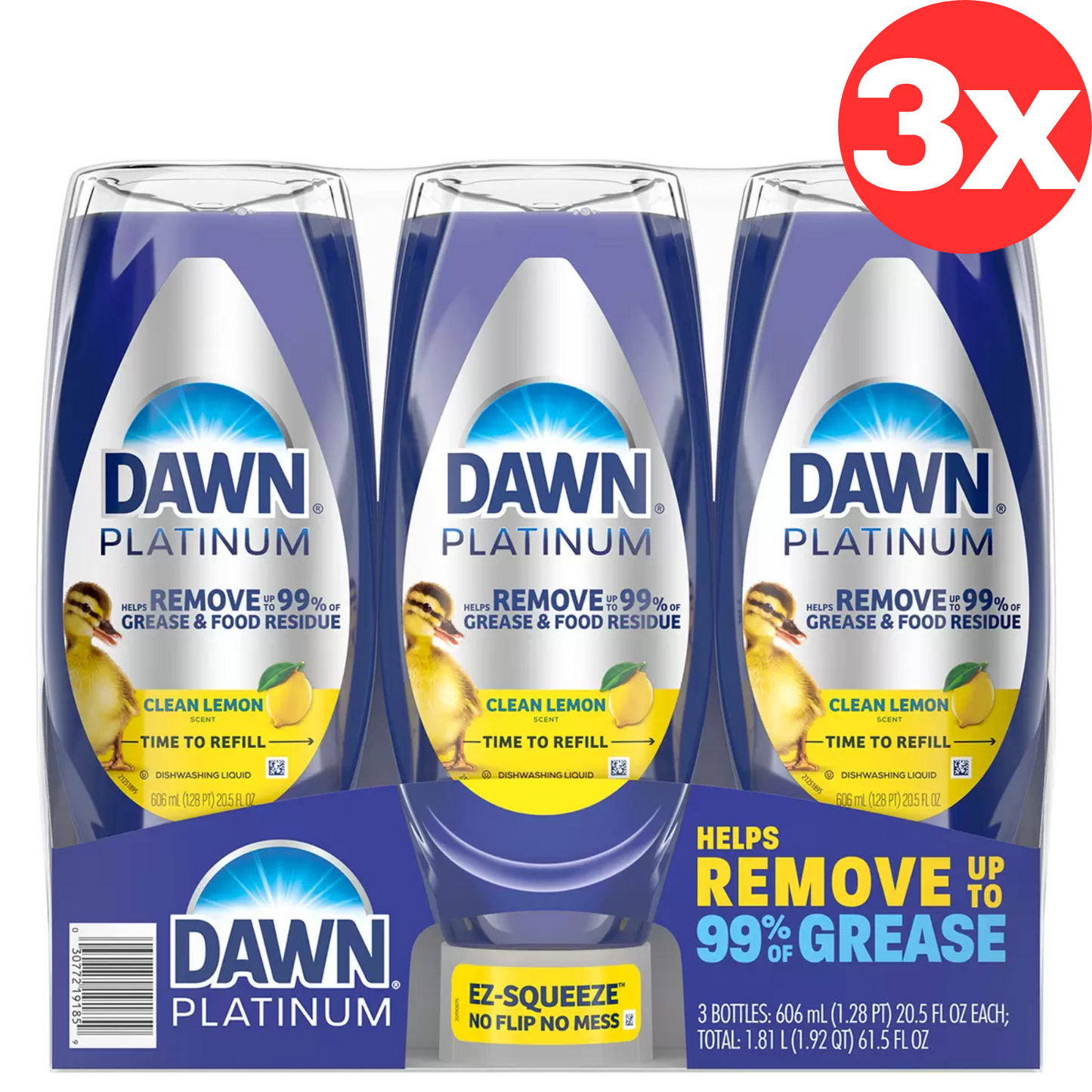 Dawn Platinum EZ Squeeze Dishwashing Dish Liquid Soap Refill 3 x 606ml