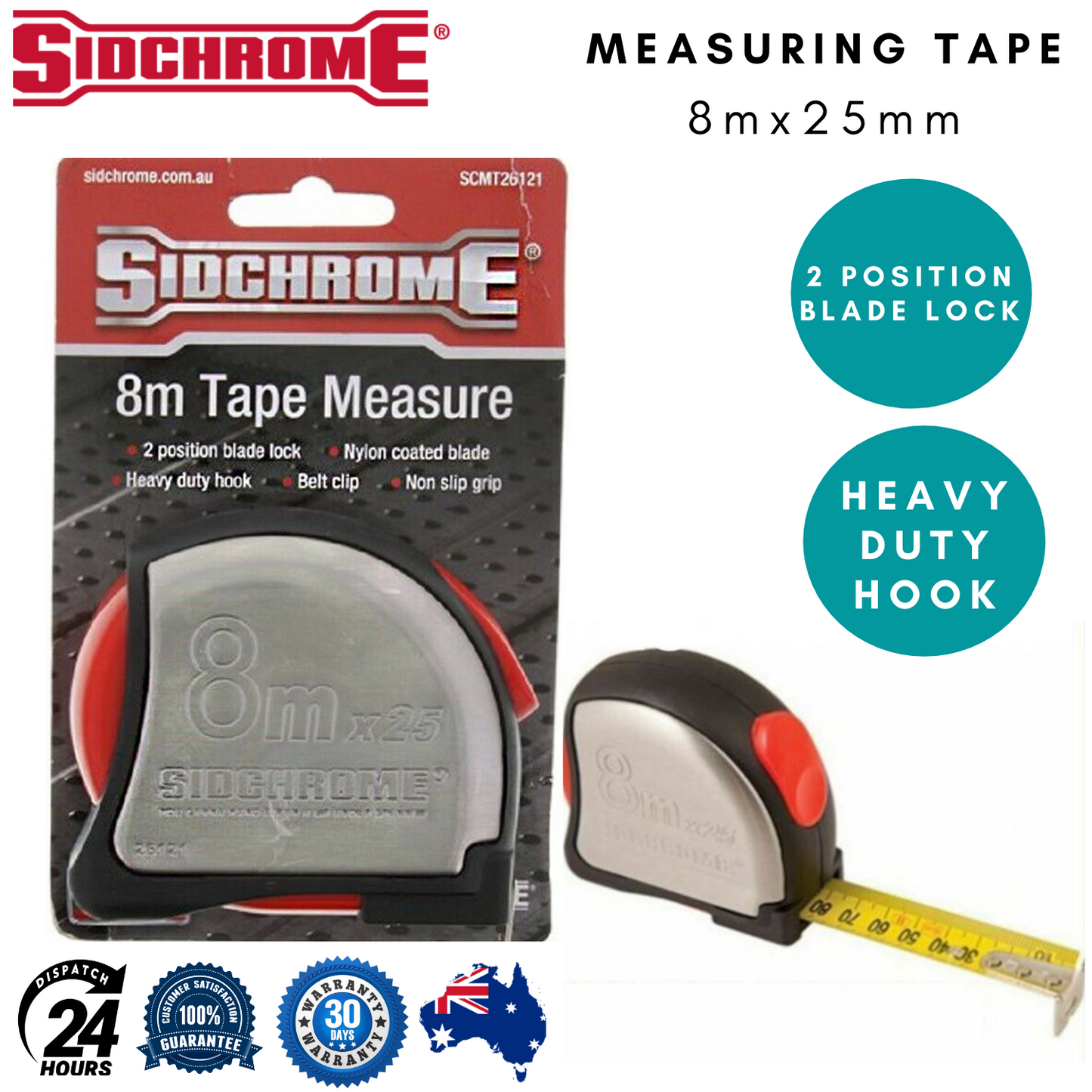 Sidchrome Measuring Tape Measure Ruler 8m Metric Stainless Steel W/ Lock Tool