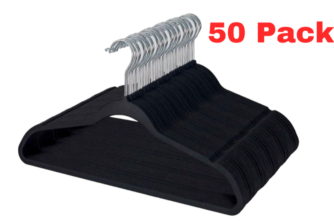 50 x Coat Hangers Black Bulk Cloth Felt Hanger Non Slip Ultra Thin