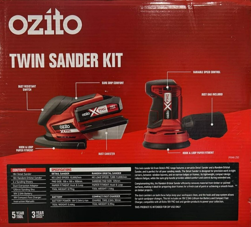 Ozito PXC Twin Sander Kit Polisher w/ 2.5AH Li-Ion Battery Compact Fast Charger