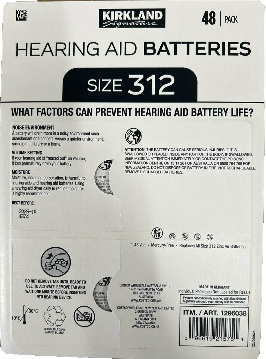 Kirkland Signature Hearing Aid Batteries Size 312 1.4V Battery Pack of 48 Bulk