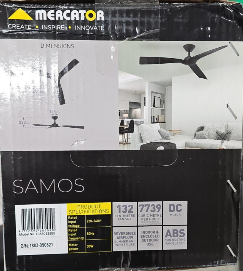 Mercator Samos 132cm Ceiling Fan 52" 3 ABS Blade AC Wall Control Black