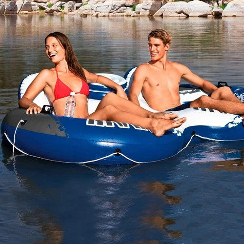 Intex River Run 2 Person Inflatable Lounge Floating Tube Float with Drink Cooler