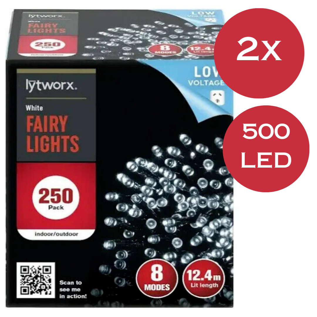 2x Lytworx 250 White LED Fairy Lights Christmas String Light Decoration 12.4m