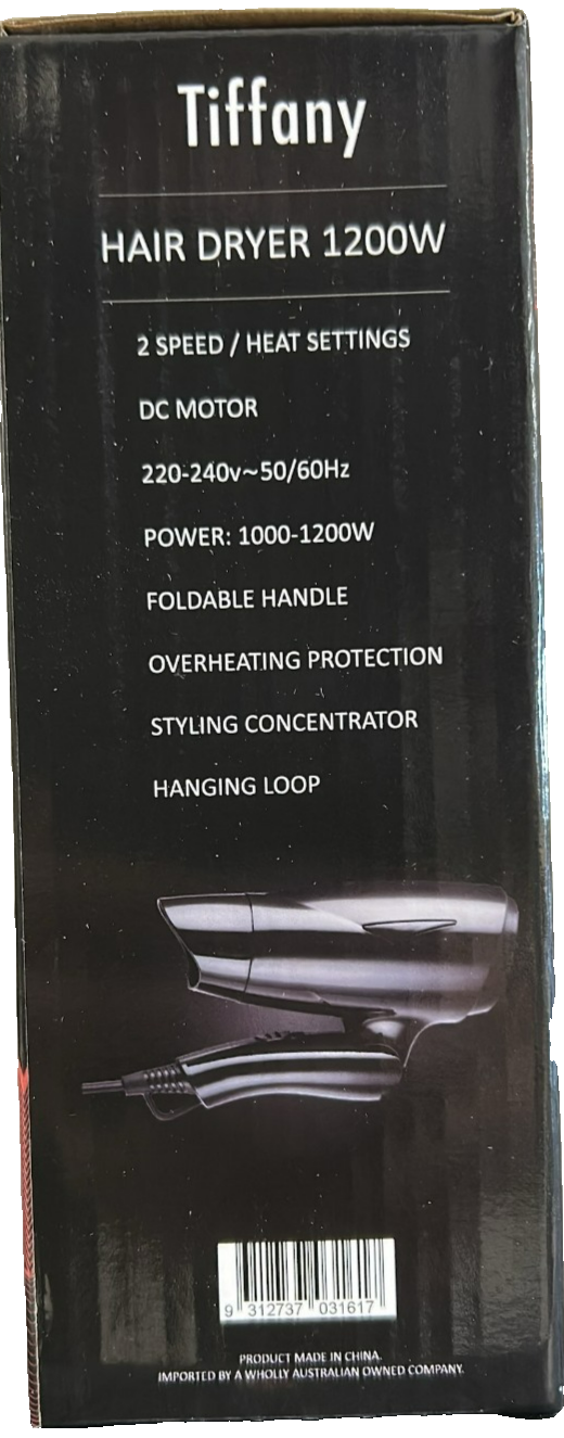 Tiffany Hair Dryer Foldable Handle Blow Dry Travel Mini Compact 1200W 2 Speed