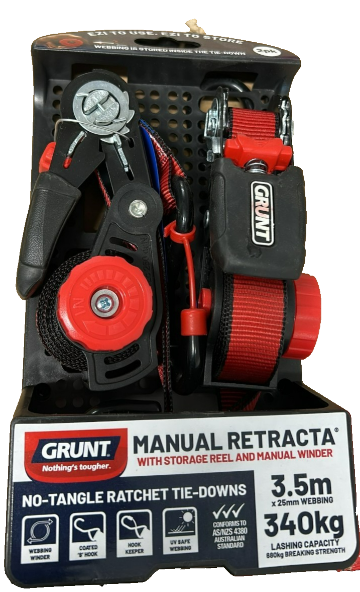 Grunt 25mm x 3.5m Manual Retractable Tie Down Ratchet Lashing Tie Straps 2 Pack