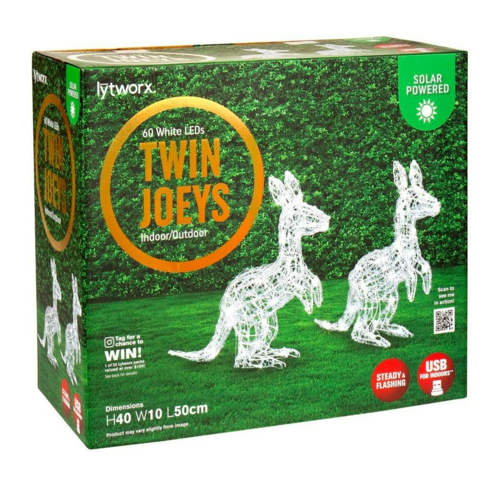 Lytworx Twin Joeys Kangaroo Christmas Decoration Solar White 30 LEDs per joey
