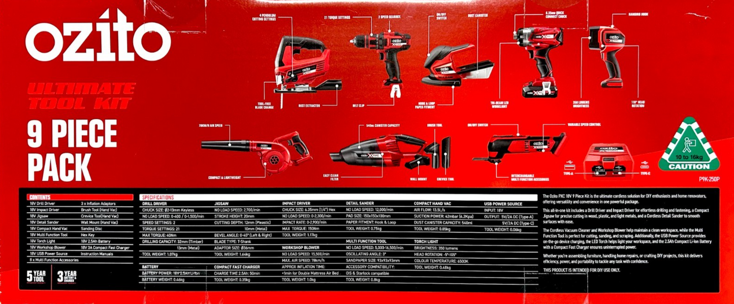 Ozito PXC 18V 9 Piece Set Cordless Ulitimate Tool Kit with Charger P9K-250P