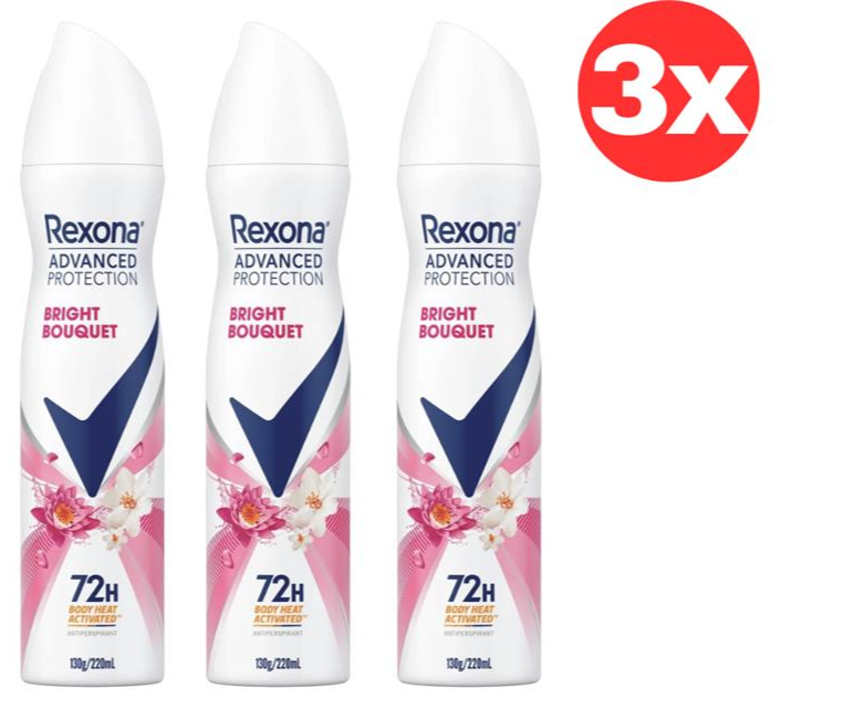 3x Rexona Women Deodorant Spray Antiperspirant 72H Advanced Bright Bouquet 220ml