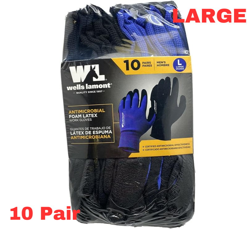 Wells Lamont Work Safety Gloves Antimicrobial Mechanic Garden Latex 10 Pair L