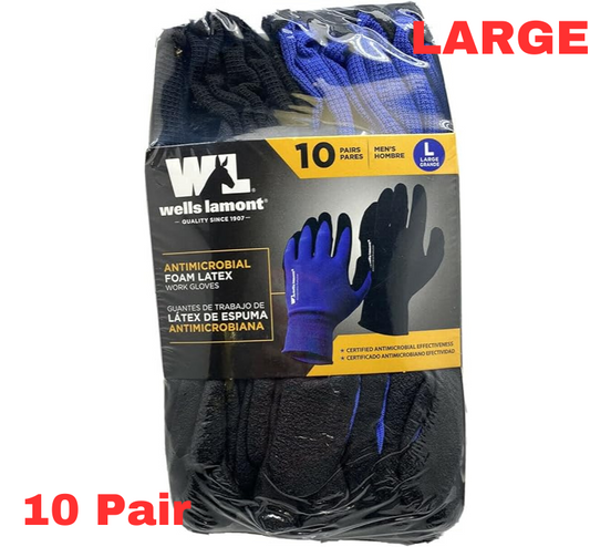 Wells Lamont Work Safety Gloves Antimicrobial Mechanic Garden Latex 10 Pair L