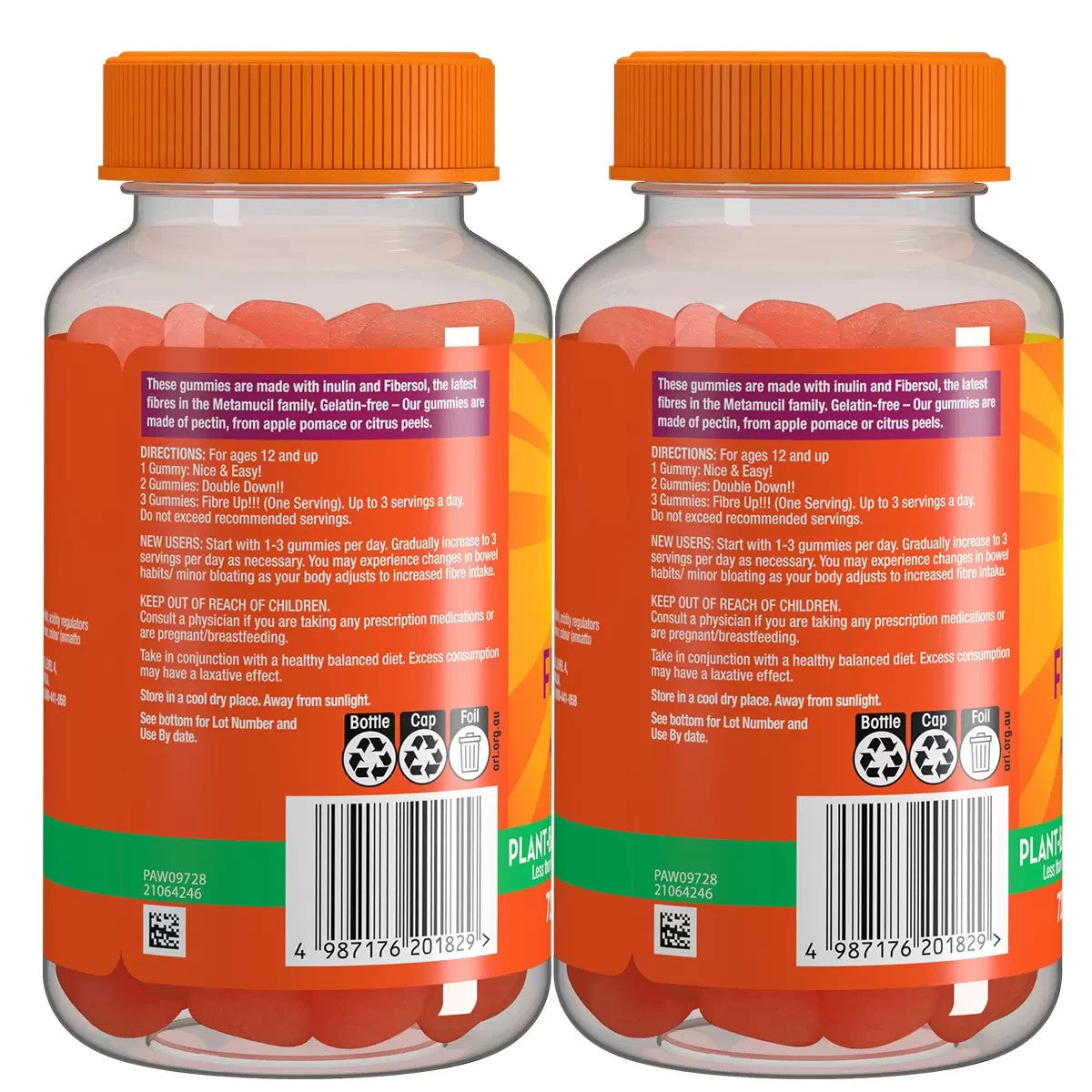 2x Metamucil Fibre Gummies Orange Flavour for Digestive Health Prebiotic 72pk