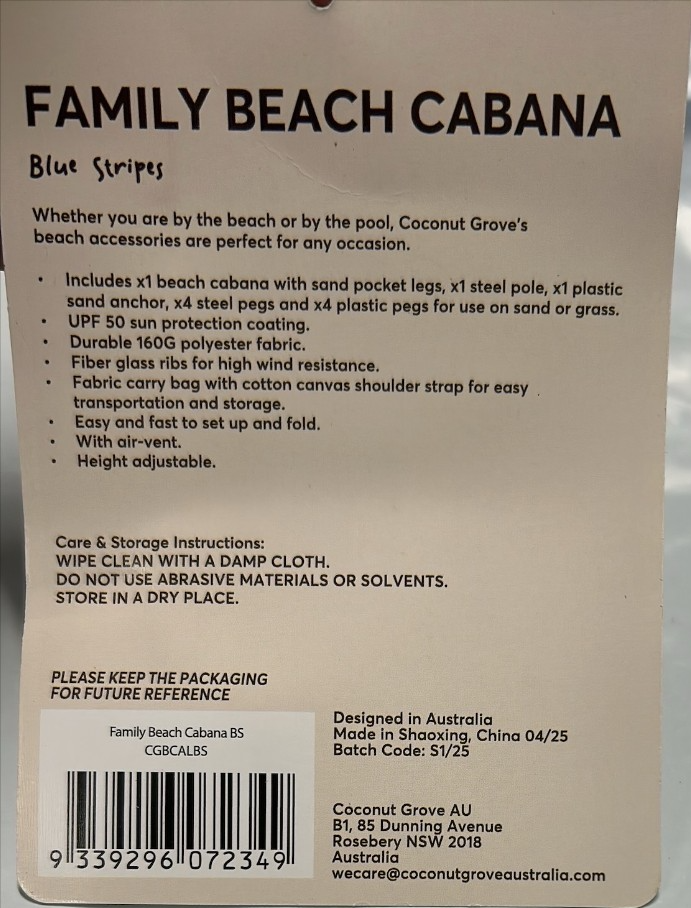 Coconut Grove Beach Cabana Canopy Blue Umbrella Tent Sun Shade Shelter 2M Wide