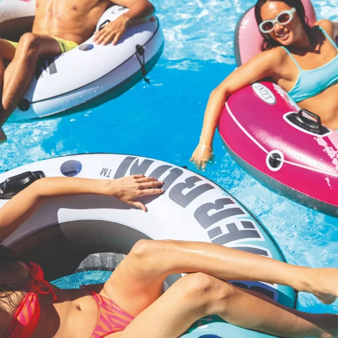 Intex River Run Ring Aqua Inflatable Pool Lounge Tube Lake Float with Cup Holder