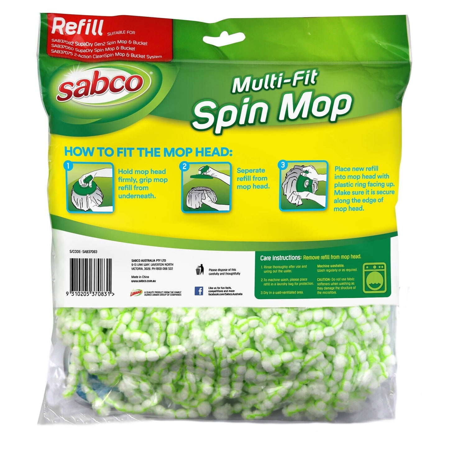 Sabco Mop Refill Multi-Fit Spin Microfibre Replacement Head Floor Cleaner