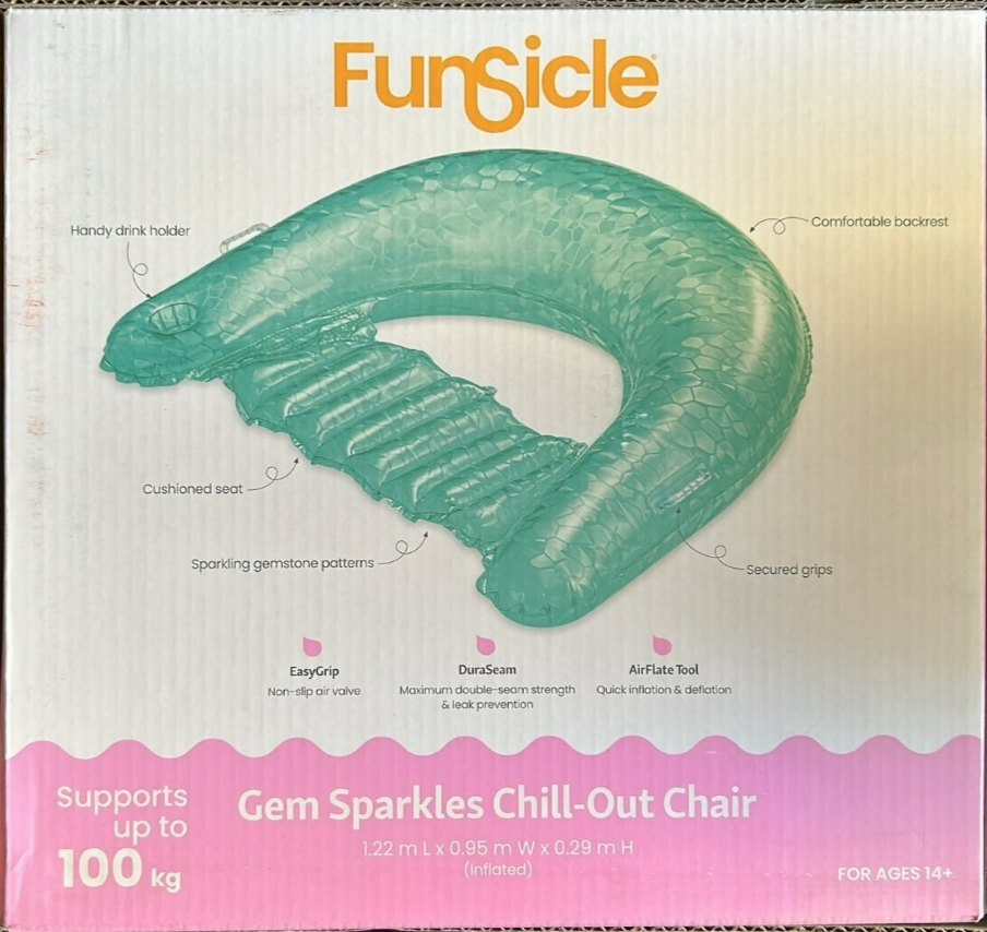 Funsicle Inflatable Float Chill Out Lounge Chair Pool Gem Sparkles Drink Holder