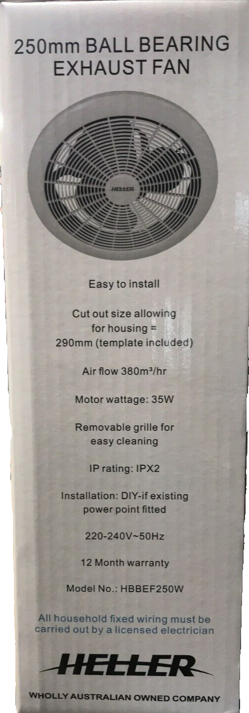 Heller Exhaust Fan 250mm Ball Bearing Bathroom Kitchen Wall Ceiling Heat Vent