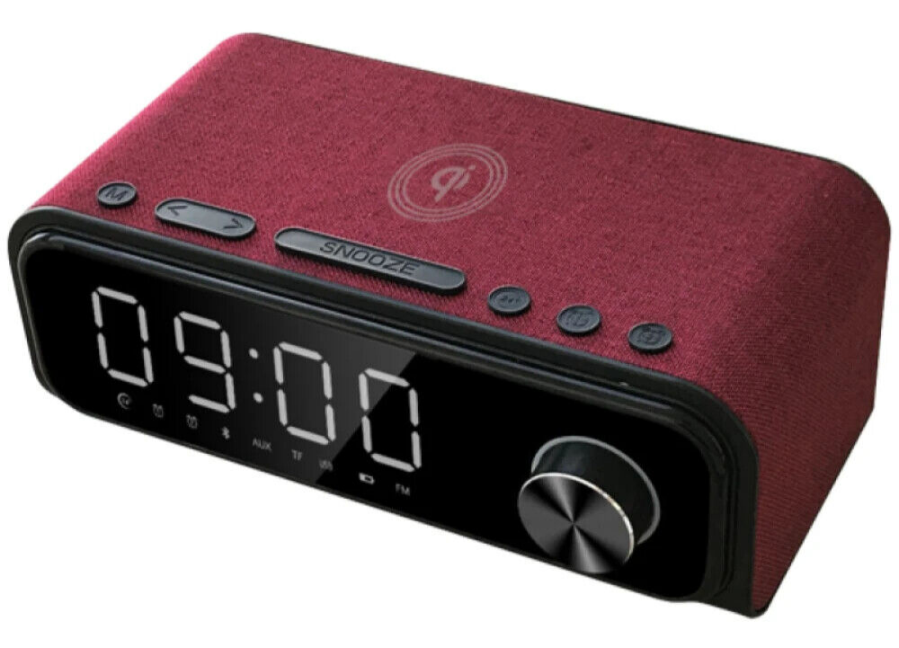 Laser Digital Alarm Clock FM Radio Wireless Charging w/ Bluetooth Speaker Red