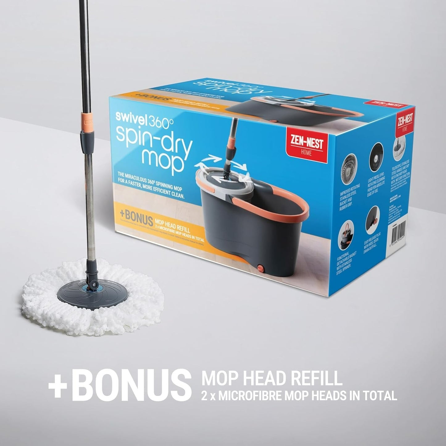 Zen-Nest Mop Bucket Set Swivel 360° Spin Dry Rotating Microfibre Floor Cleaner