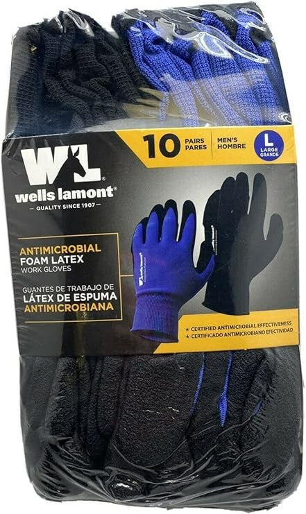 Wells Lamont Work Safety Gloves Antimicrobial Mechanic Garden Latex 10 Pair L
