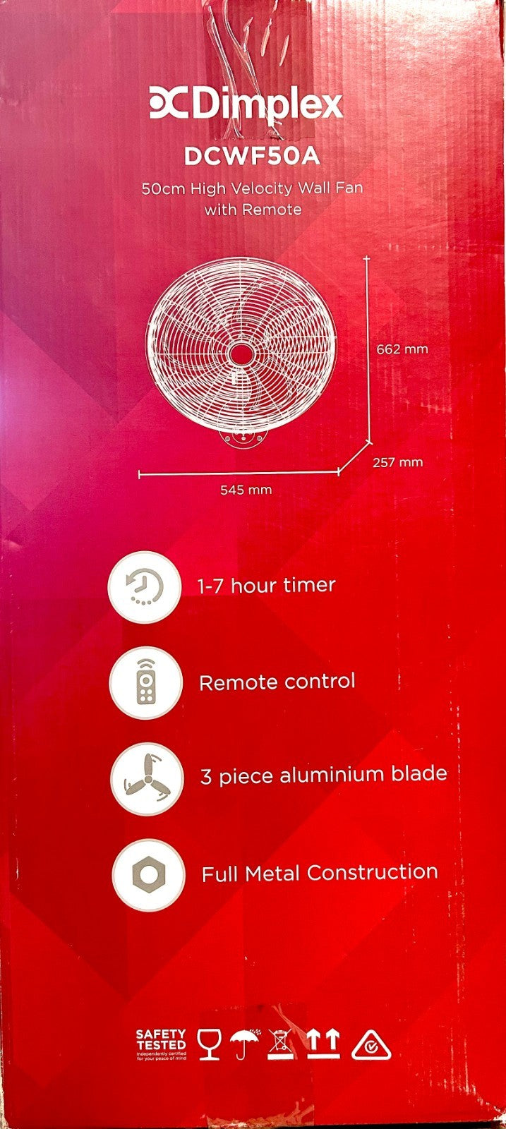 Dimplex 50cm Wall Mounted Fan with Remote Control 3 Speed Oscillating Black