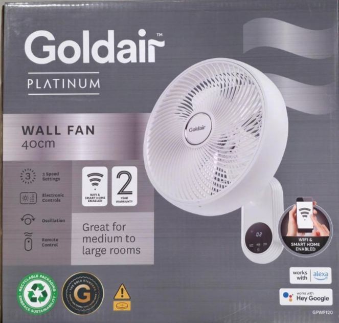 Goldair 40cm Wall Fan with Remote Control WiFi Smart Home Timer 3 Speed White
