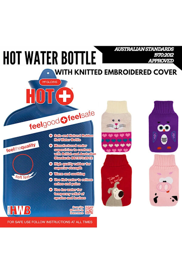2L Hot Water Bottle with Knitted Cover Winter Warm Natural Rubber Bag