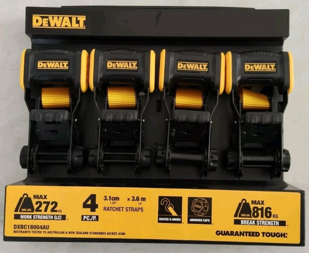 DeWALT Ratchet Tie Down Straps 31mm x 3.6m Break Strength 816kg 4 Pack